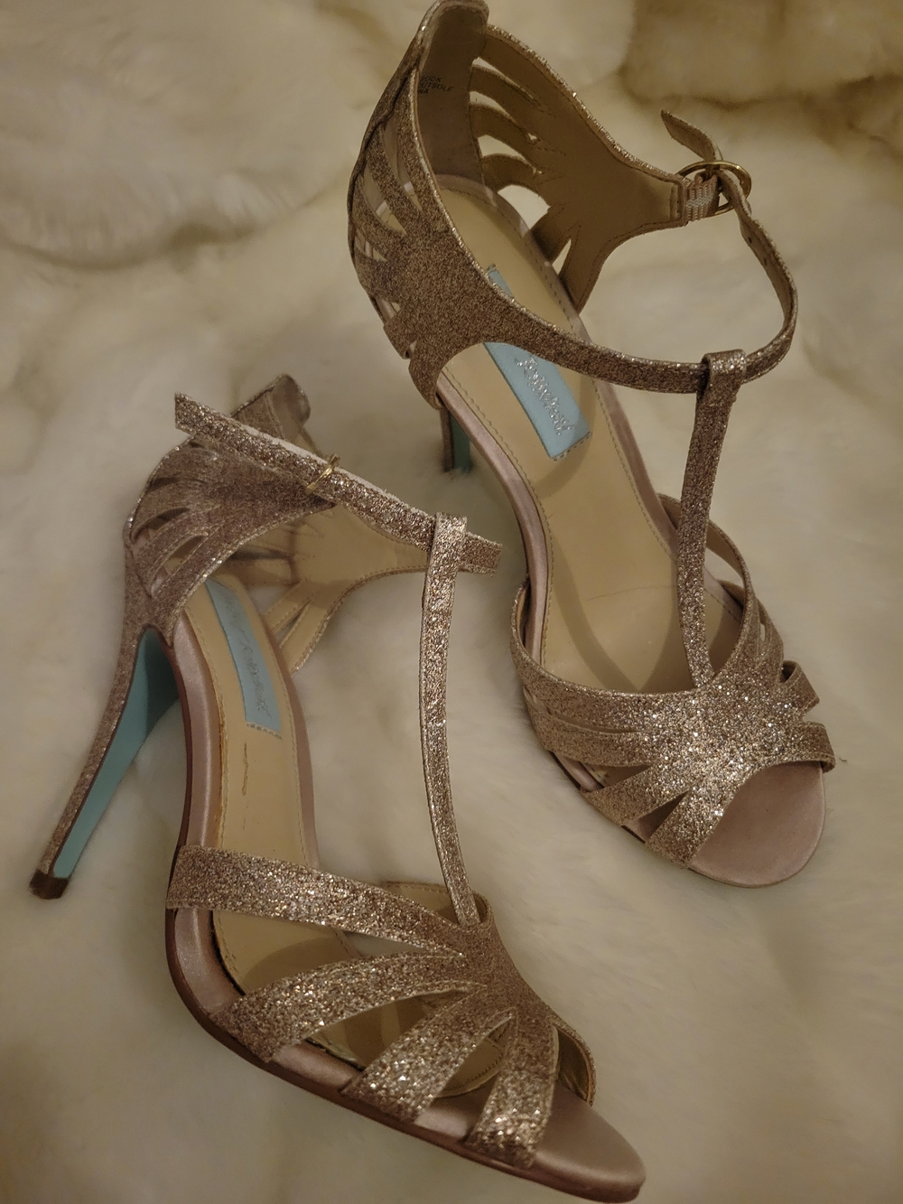 Blue by Betsey Johnson Rose Gold Glitter T-Strap Heels